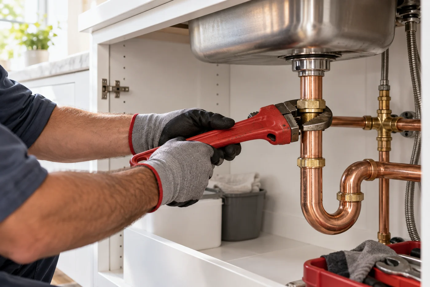 Demo image of hands repairing copper plumbing beneath a kitchen sink