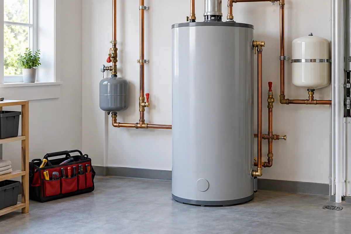 Demo image of a residential water heater and copper pipework